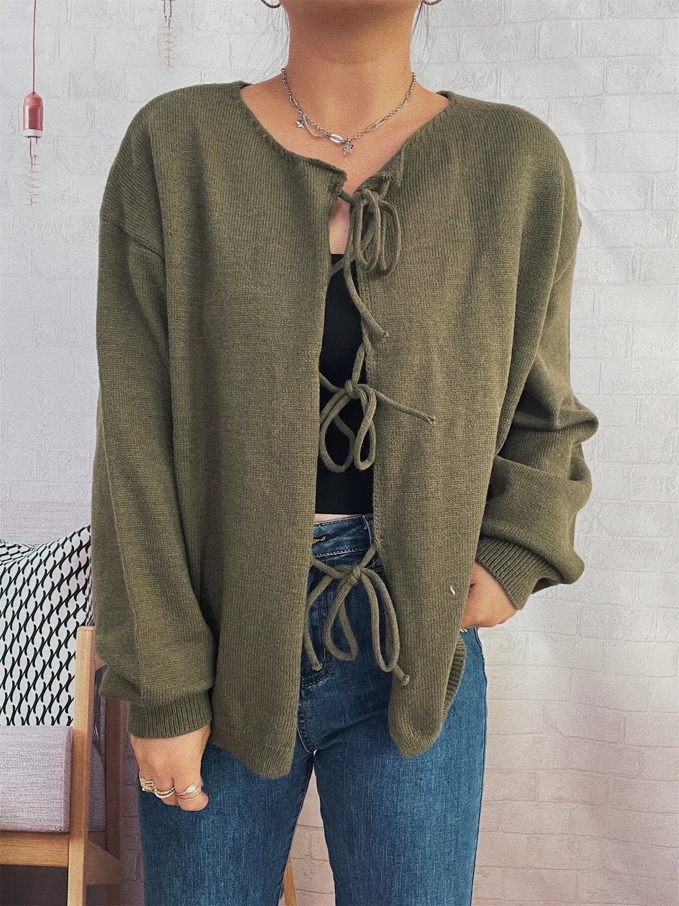 Tie Front Drop Shoulder Cardigan Trendsi
