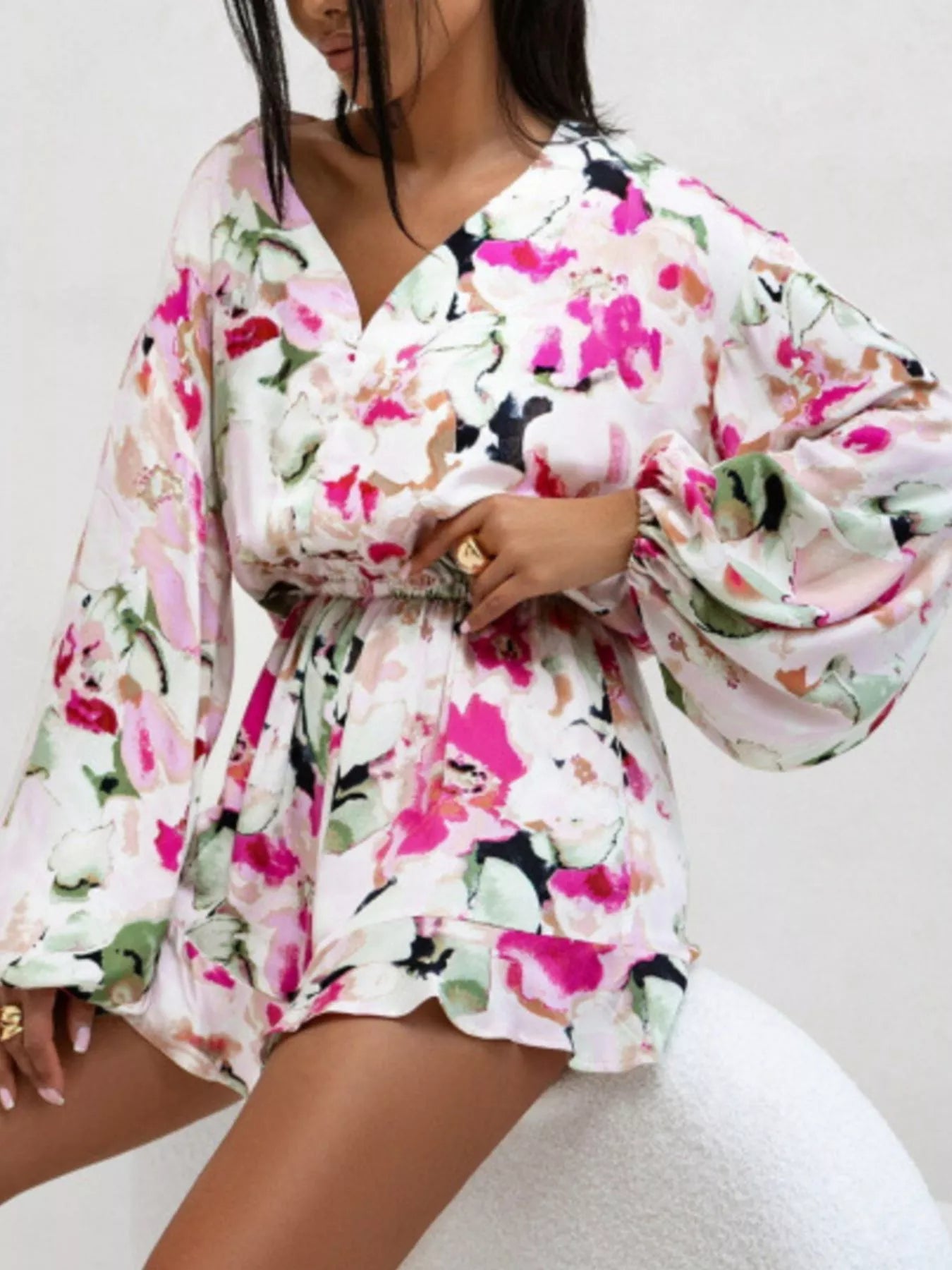Floral V-Neck Long Sleeve Romper with Elastic Waist nicholesgifts