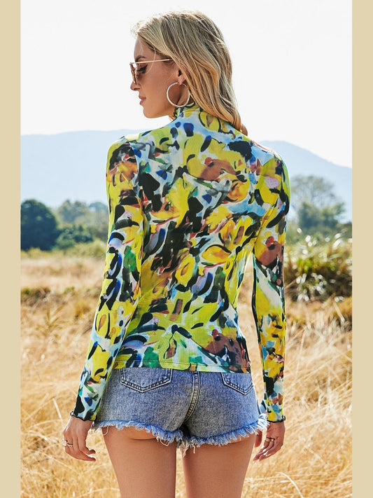 Printed Mock Neck Long Sleeve Blouse nicholesgifts