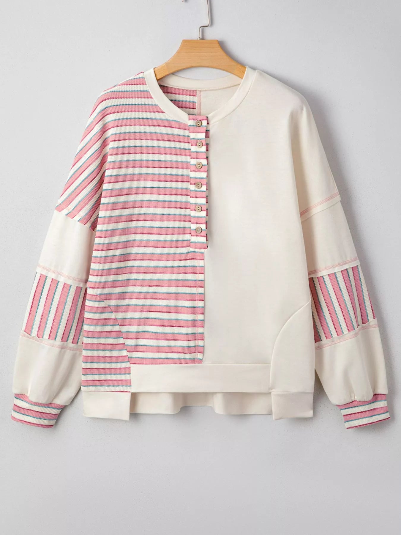 Stripe Stitched Detail Color Block Patchwork Oversized Top Trendsi