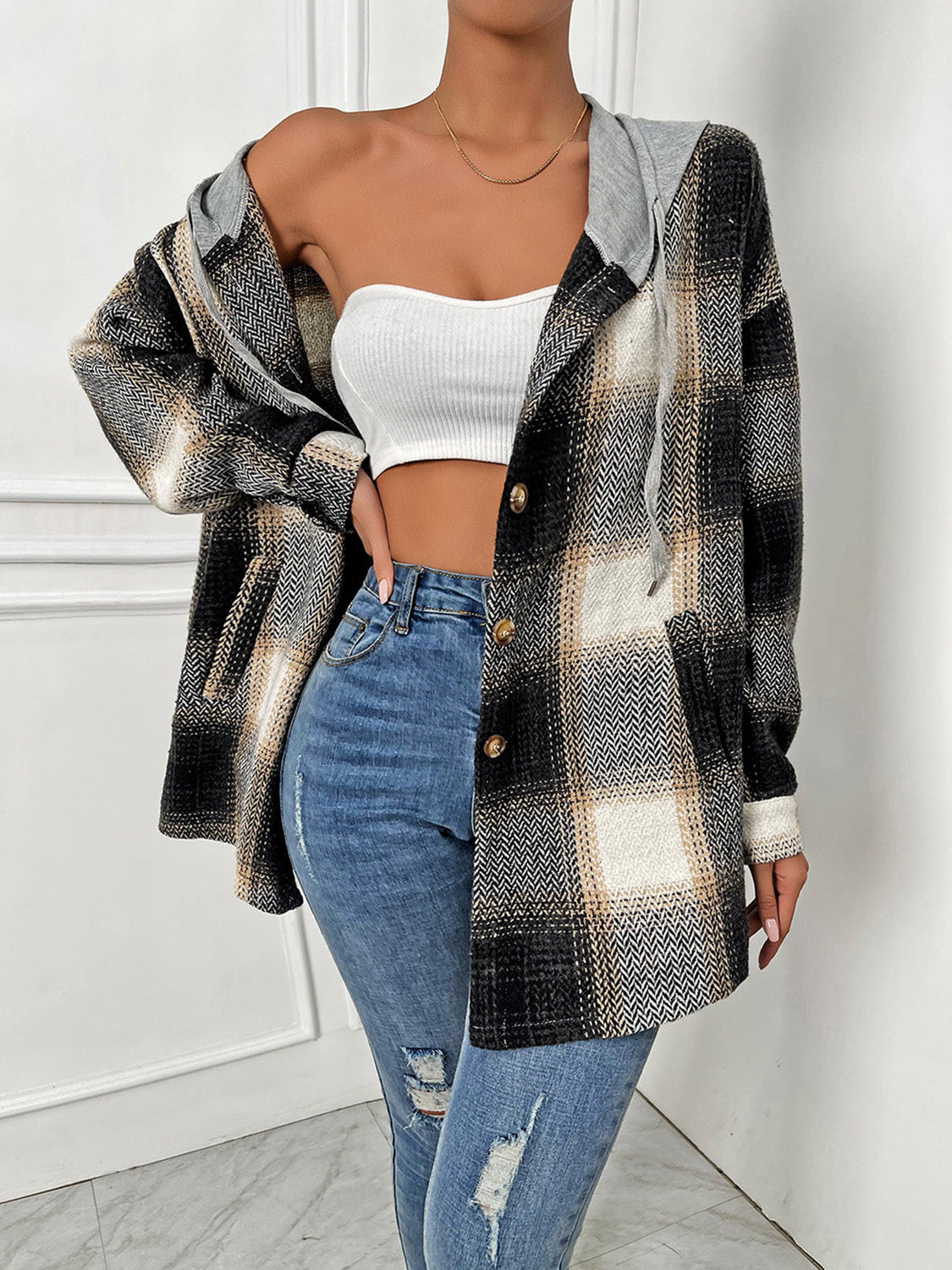 Plaid Drawstring Hooded Jacket nicholesgifts