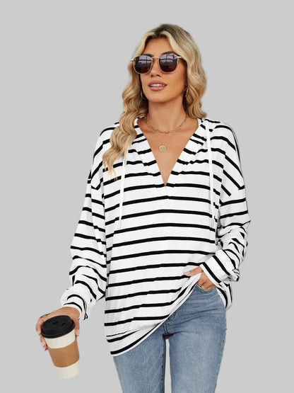 Drawstring Striped Long Sleeve Hoodie Trendsi