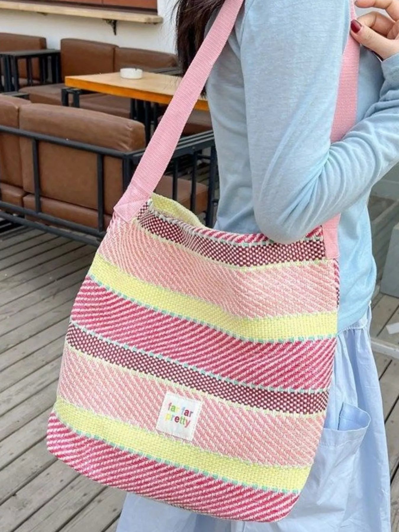 Striped Woven Shoulder Bag with Adjustable Strap nicholesgifts