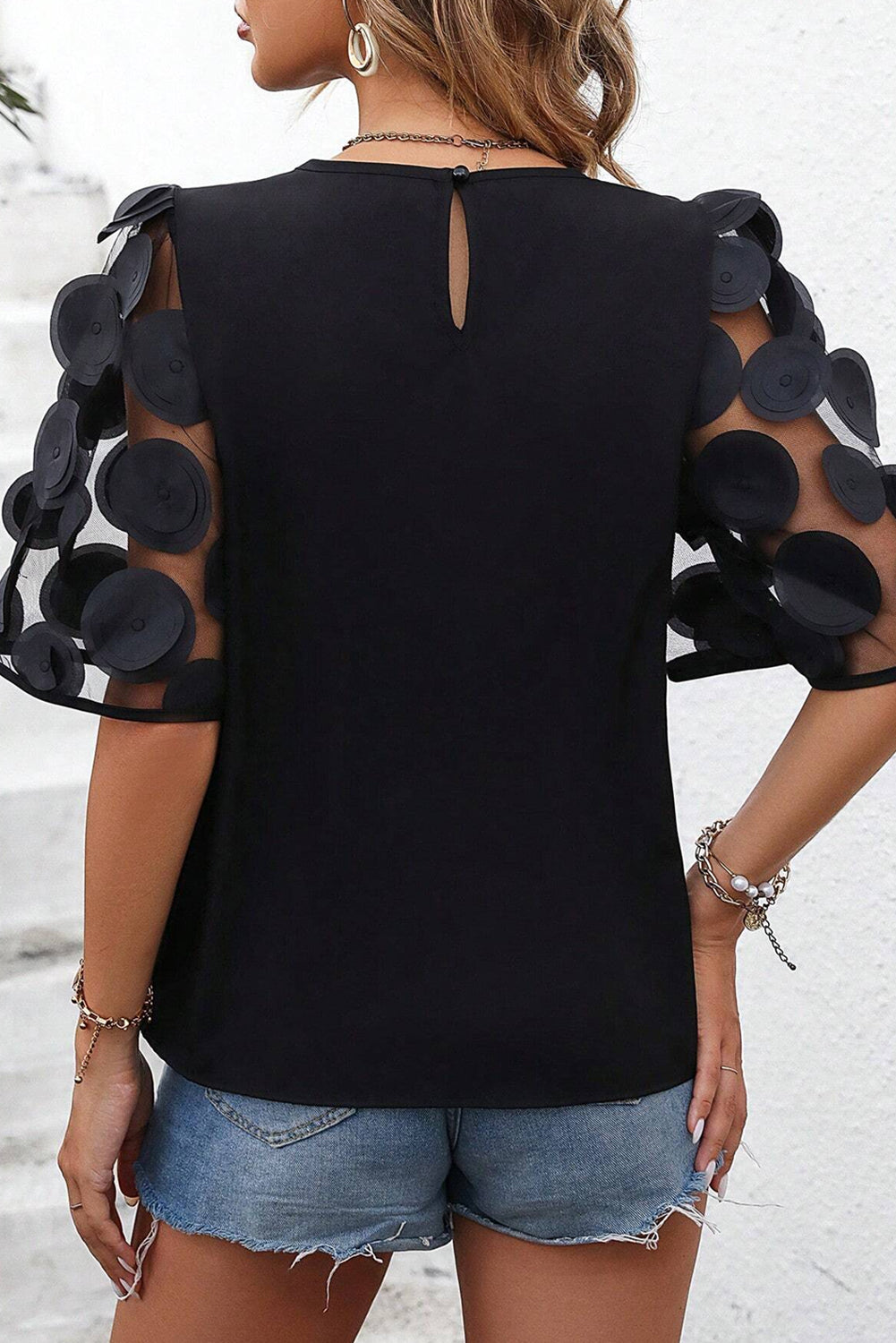 Women Applique Round Neck Half Sleeve Blouse nicholesgifts