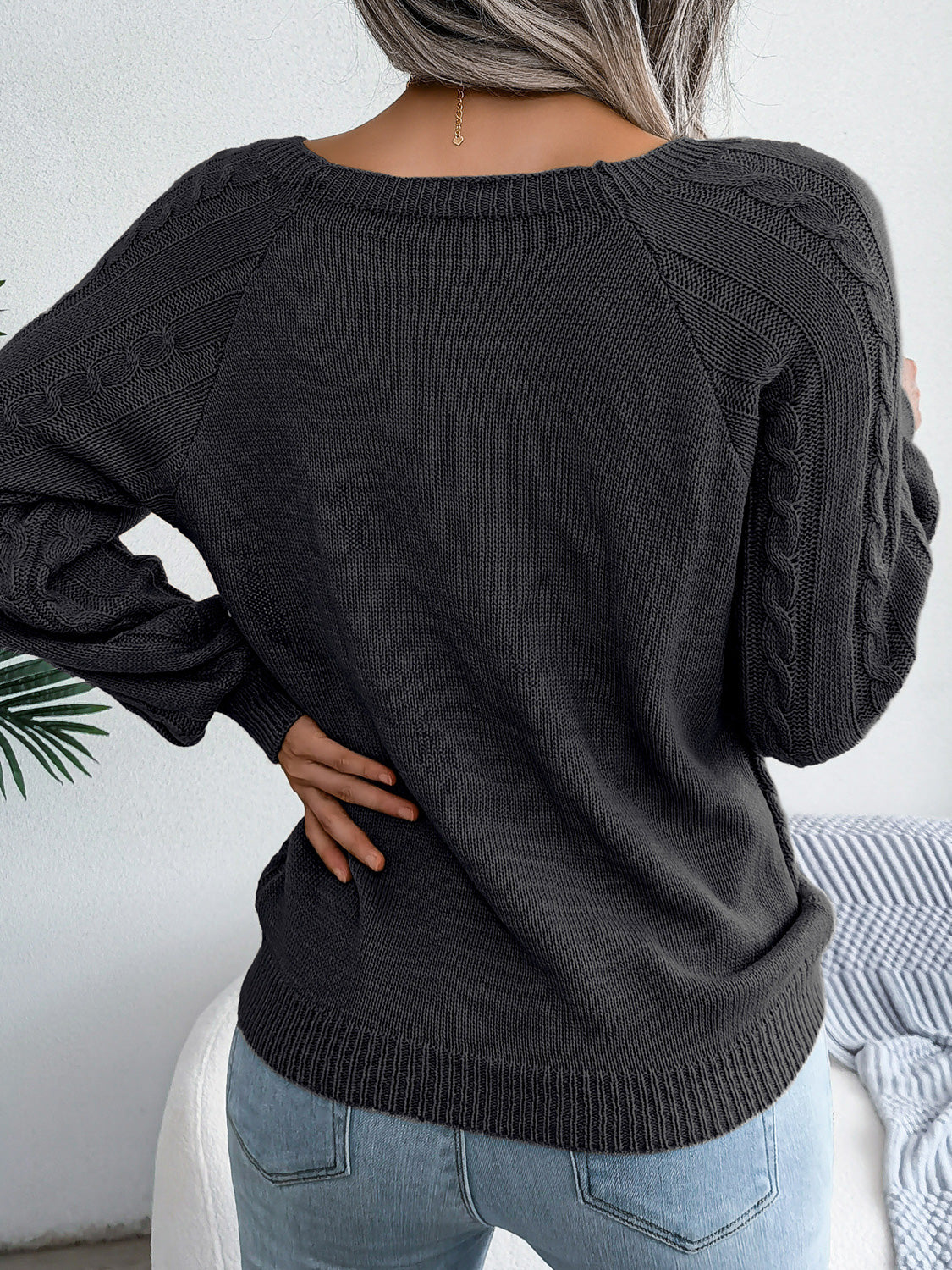 Decorative Button Cable-Knit Sweater Trendsi