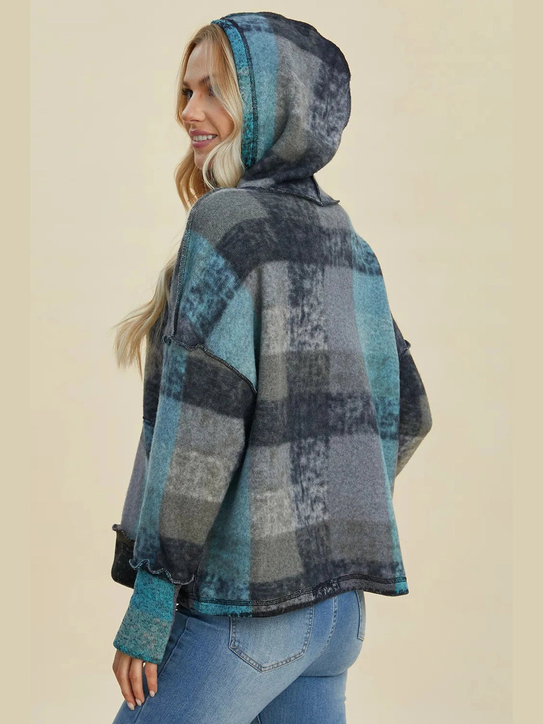 Double Take Full Size Plaid Dropped Shoulder Fleece Hoodie Trendsi