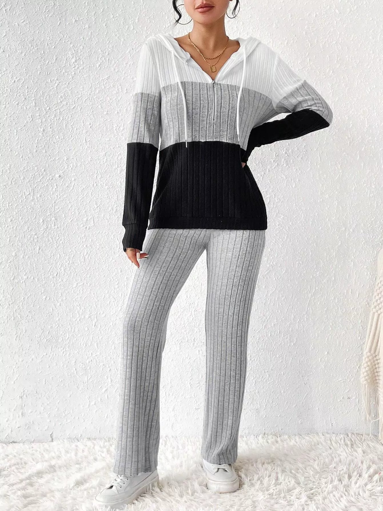 Women Color Block Half Zip Hooded Top and Pants Set NicholesGifts