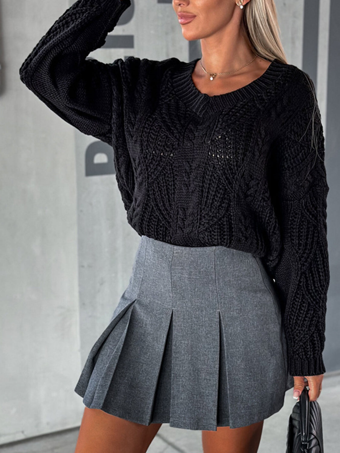 V-Neck Cable-Knit Long Sleeve Sweater nicholesgifts