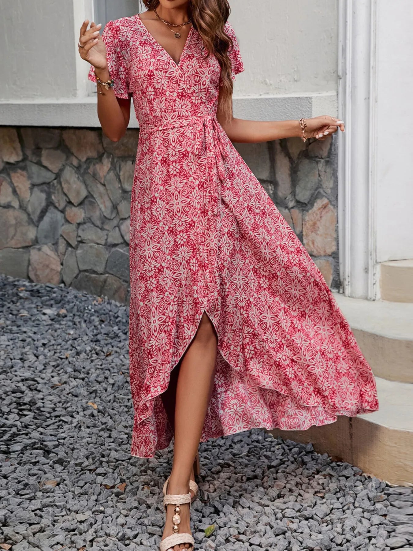Printed Surplice Maxi Dress with Flutter Sleeves NicholesGifts