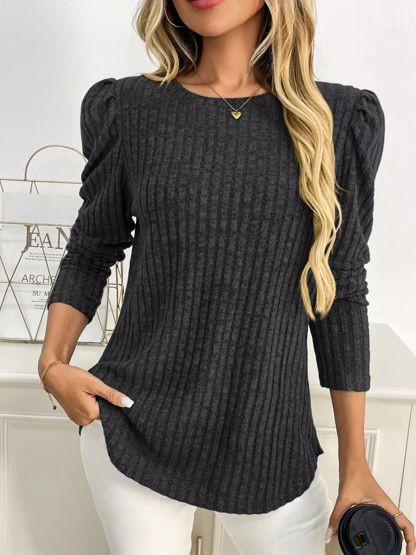 Round Neck Puff Sleeve T-Shirt Trendsi