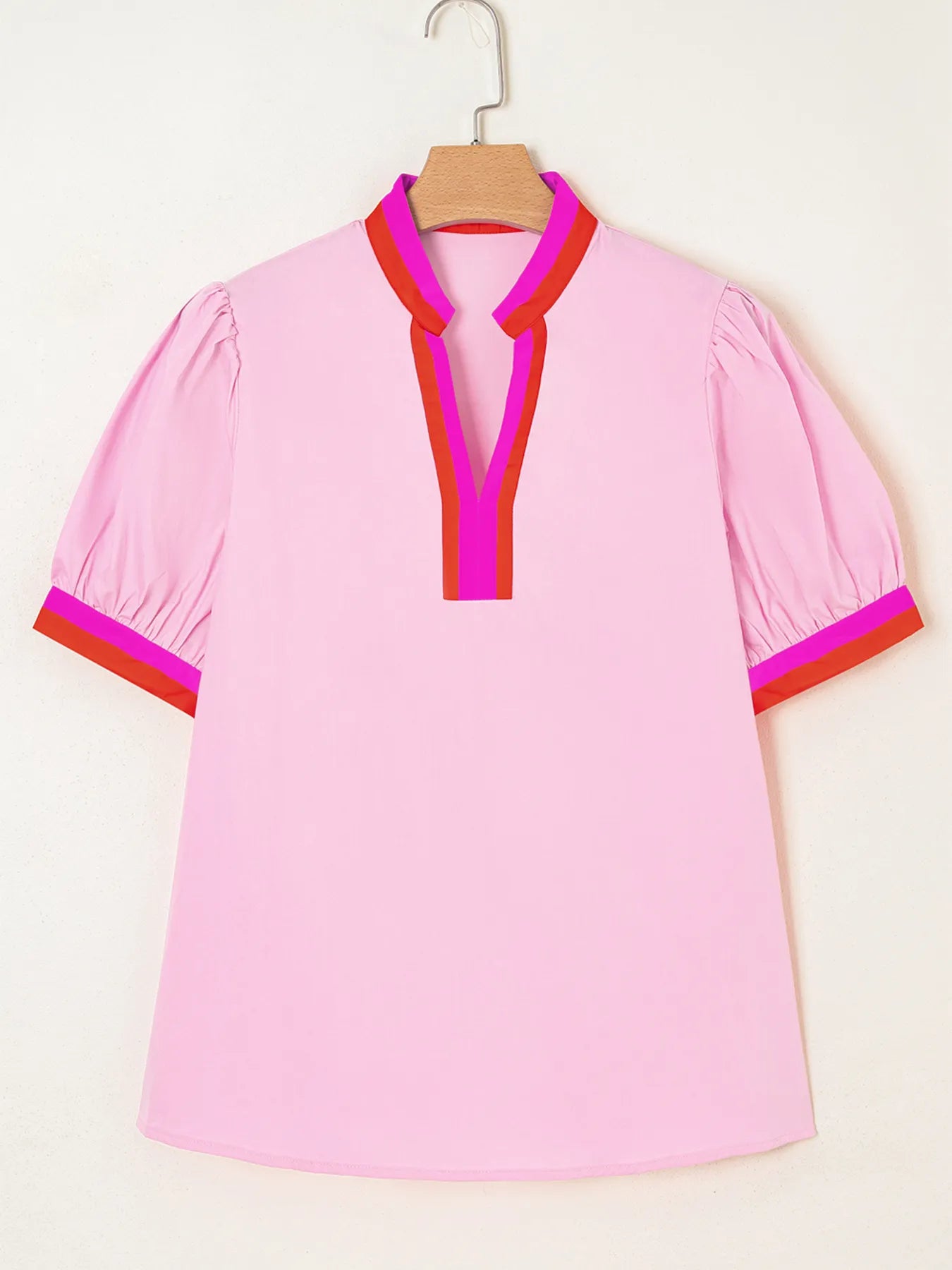 Contrast Trim Notched Short Sleeve Blouse NicholesGifts