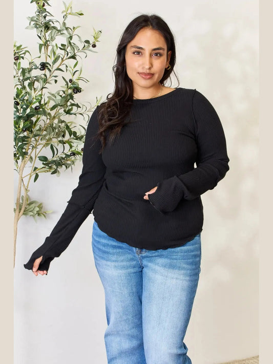 Culture Code Full Size Ribbed Round Neck Long Sleeve Top nicholesgifts