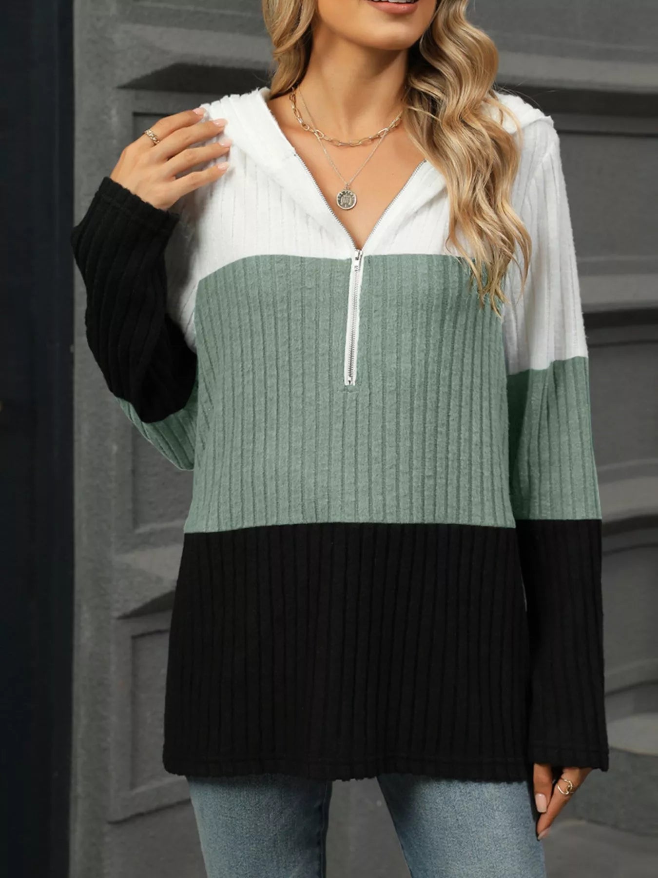 Color Block Half Zip Hooded Top Trendsi