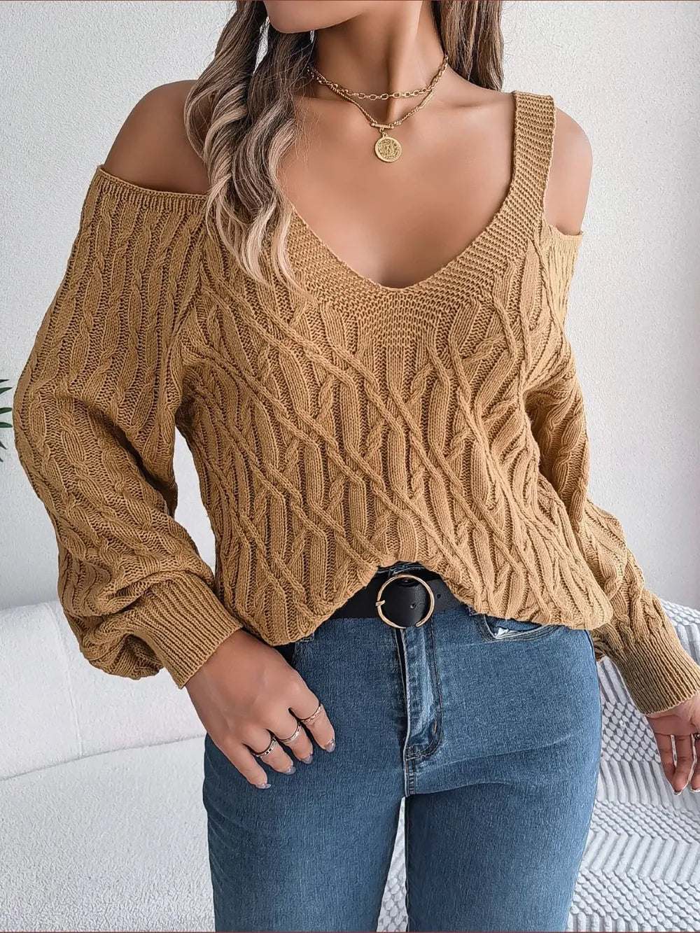 Cable-Knit Cold Shoulder Long Sleeve Sweater Trendsi