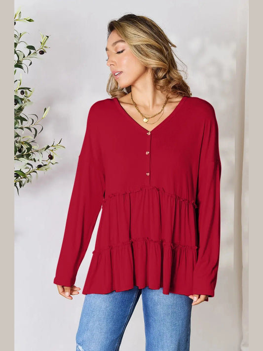 Double Take Half Button Long Sleeve Ruffle Hem Blouse nicholesgifts