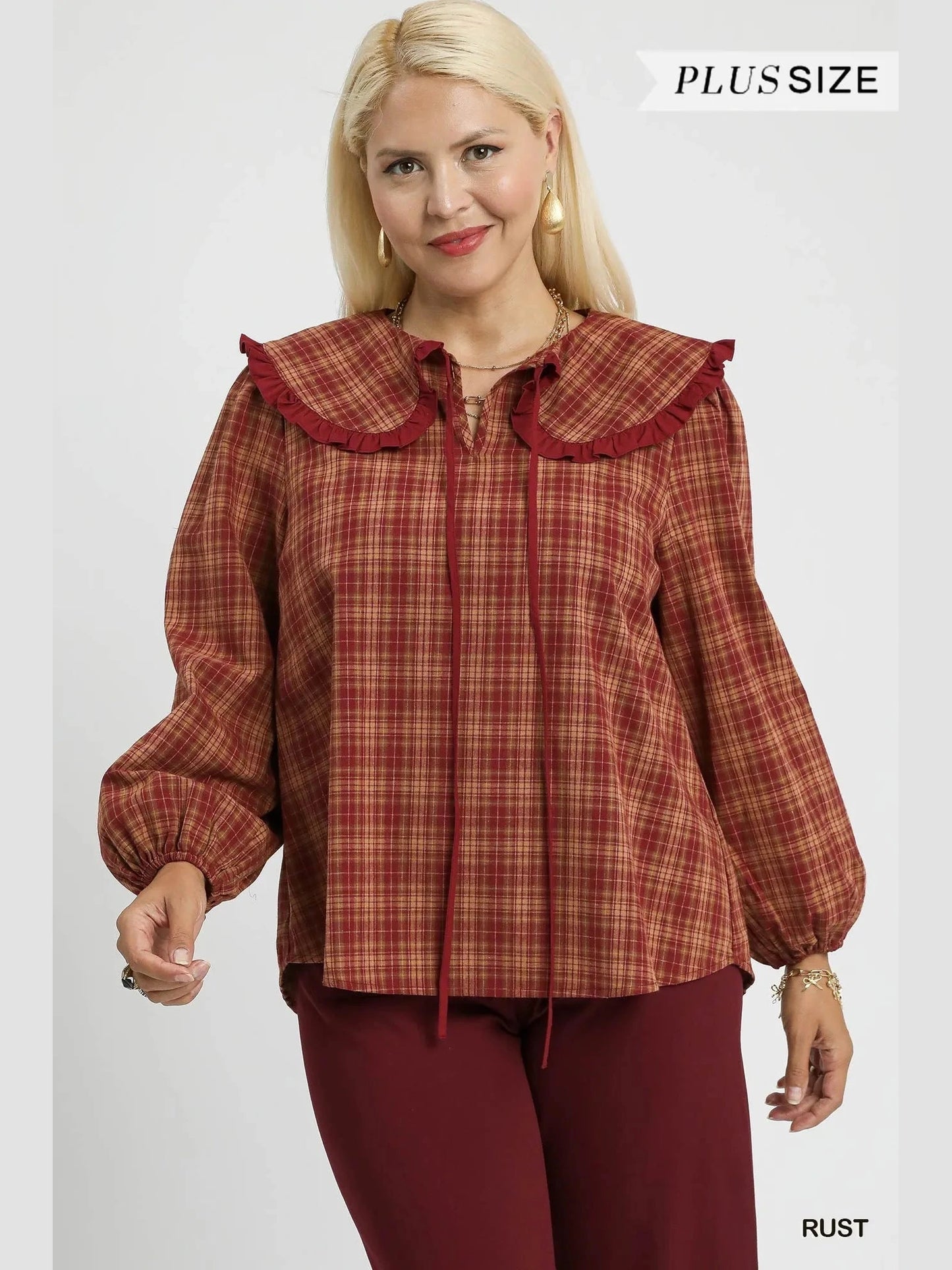 Umgee Full Size Plaid Ruffle Collar Blouse Plus Size NicholesGifts