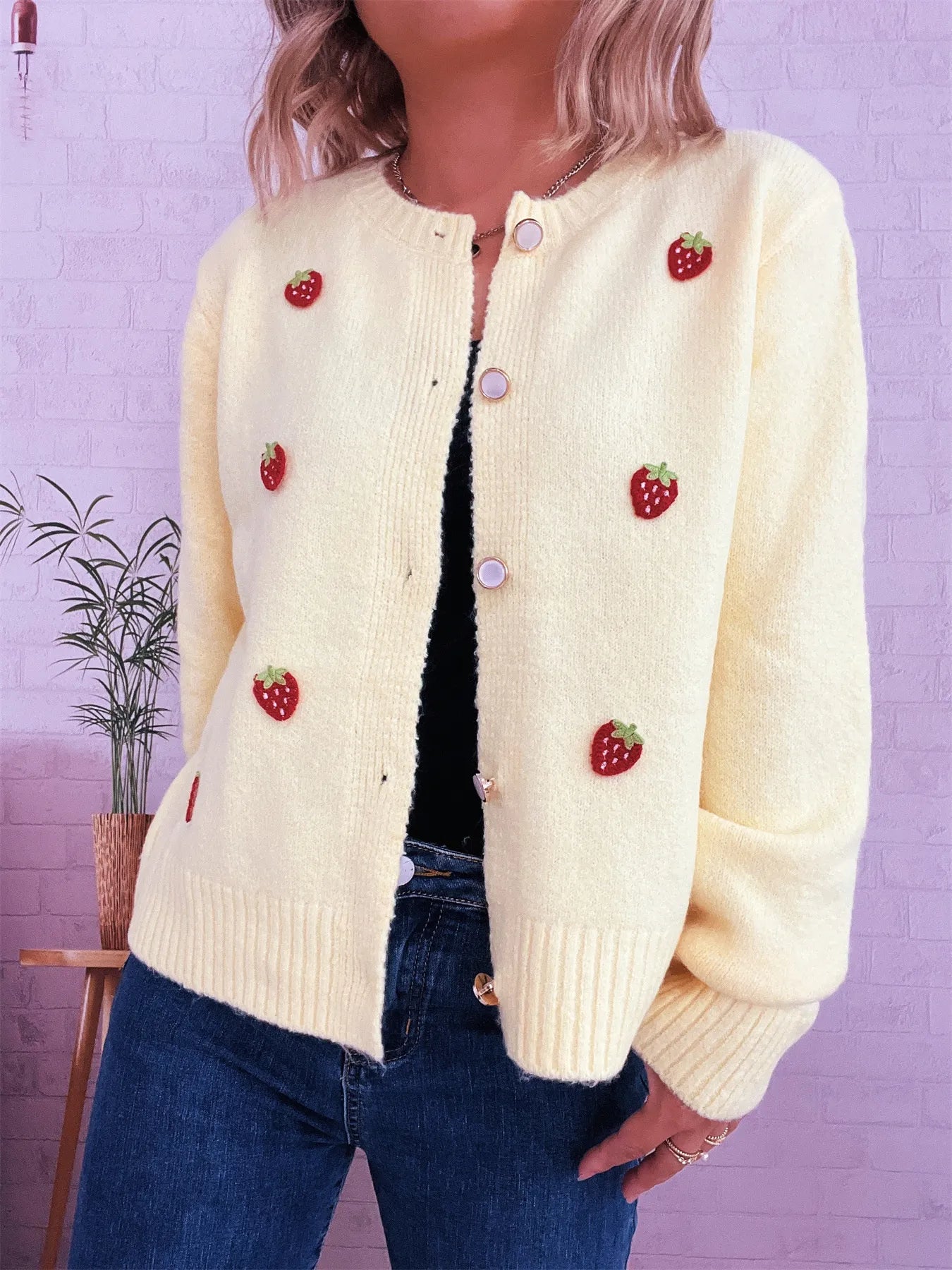 Strawberry Button Up Long Sleeve Cardigan Trendsi