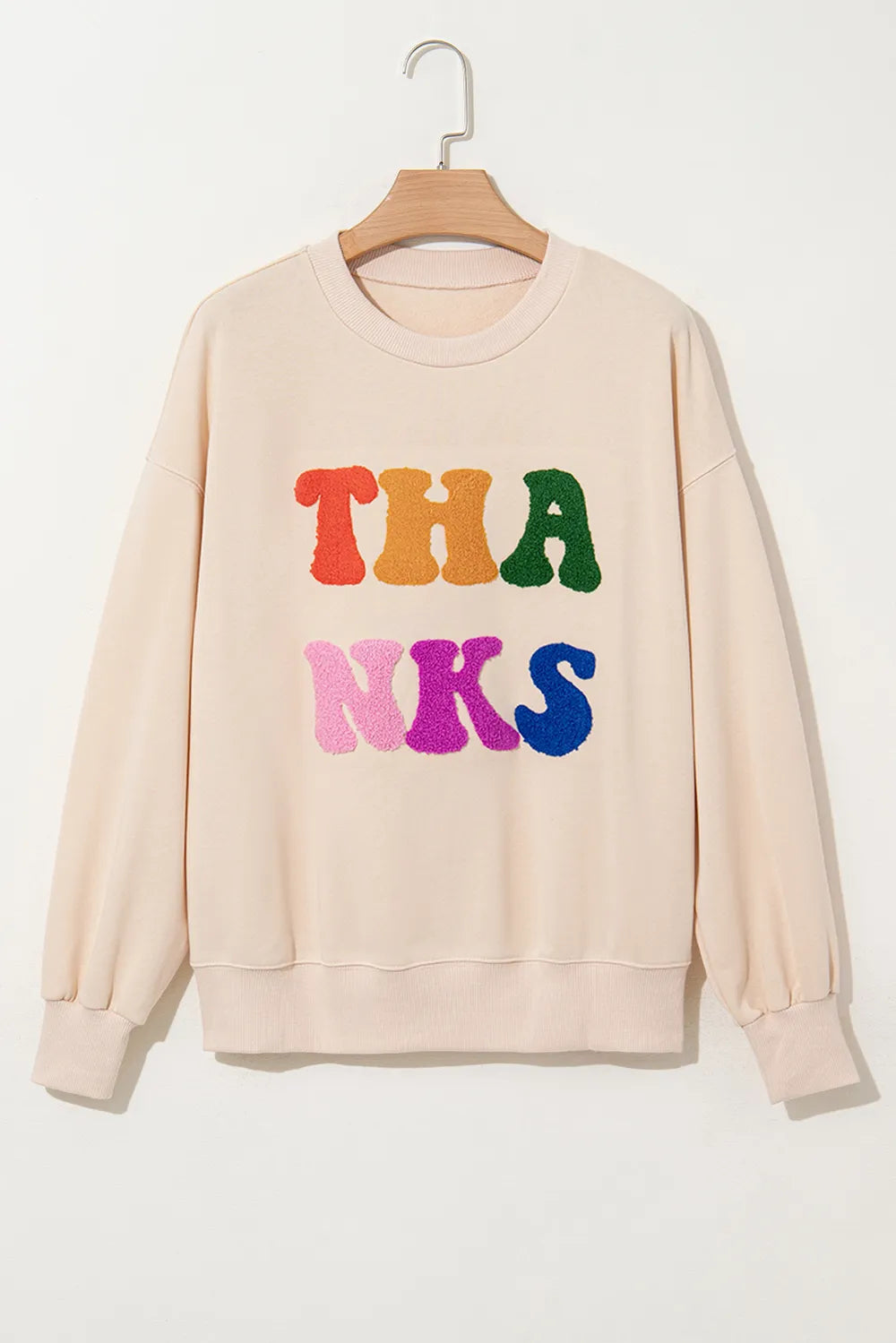 THANKS Round Neck Long Sleeve Sweatshirt Trendsi