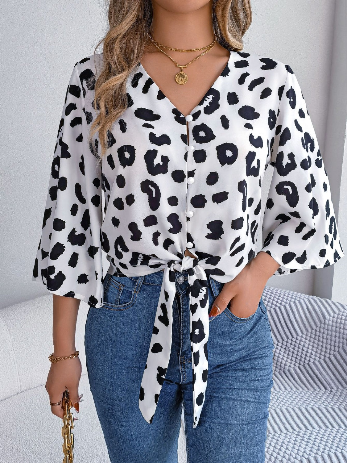 Tied Button Up Leopard V-Neck Blouse nicholesgifts