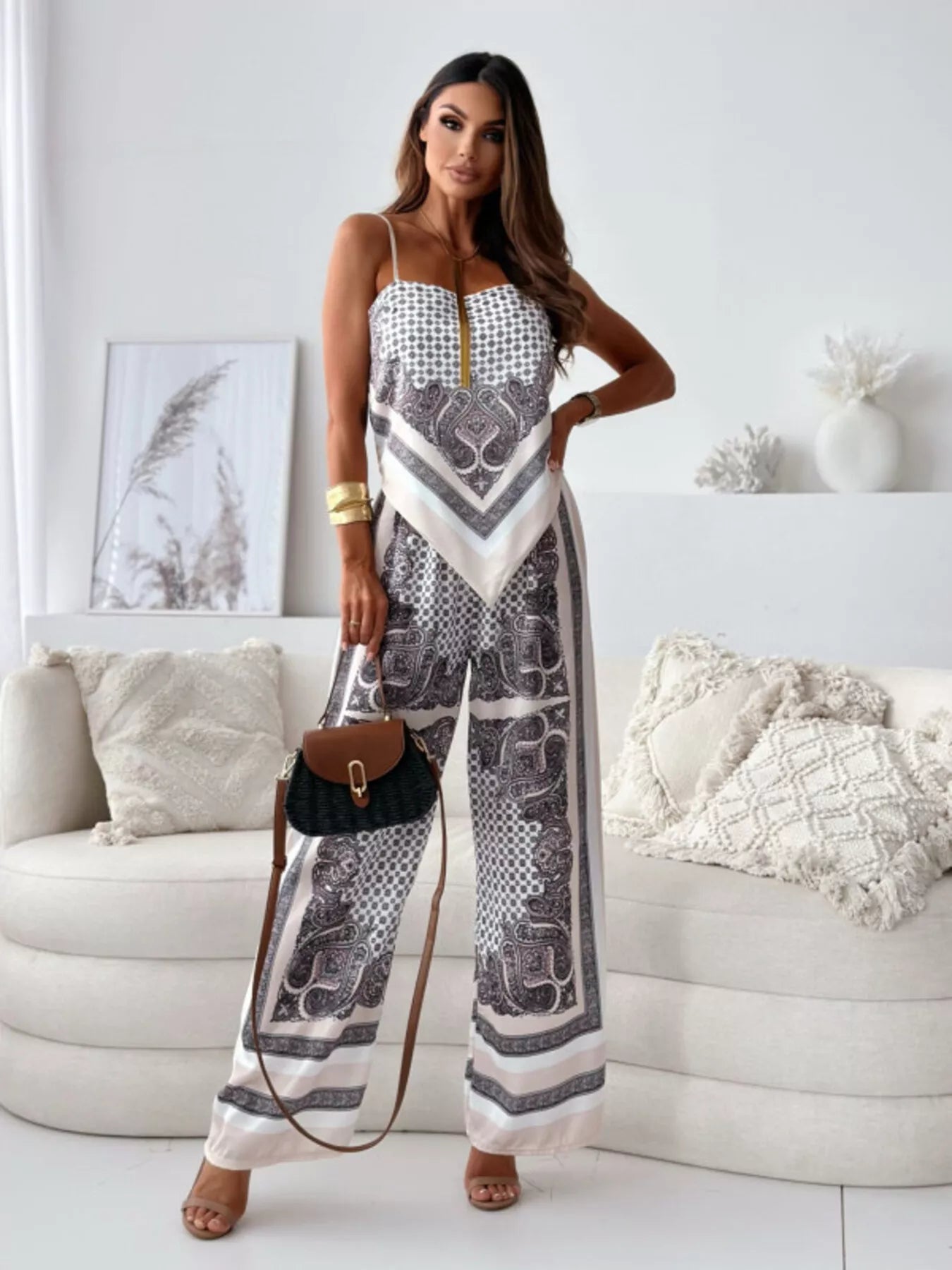 Tie Back Printed Cami and Pants Set Trendsi