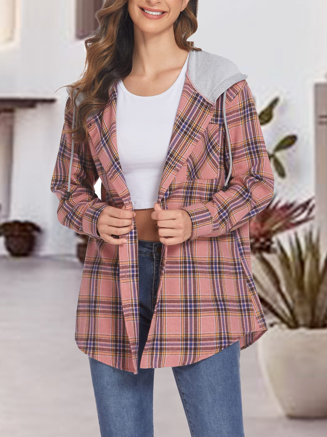 Plaid Drawstring Button Up Hooded Jacket nicholesgifts