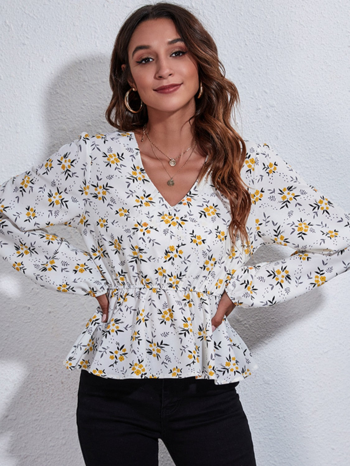 Women Floral V-Neck Balloon Sleeve Peplum Blouse nicholesgifts