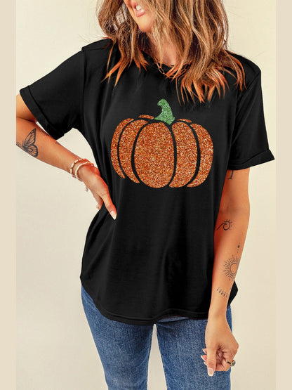 Glitter Pumpkin Round Neck Short Sleeve T-Shirt nicholesgifts