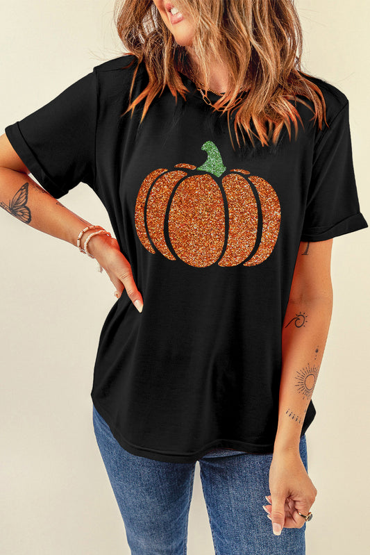 Glitter Pumpkin Round Neck Short Sleeve T-Shirt NicholesGifts