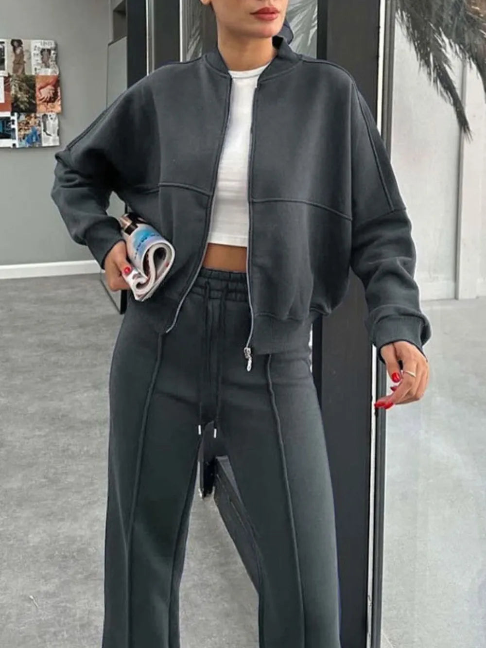 Baseball Collar Zip Up Outerwear and Drawstring Pants Set nicholesgifts