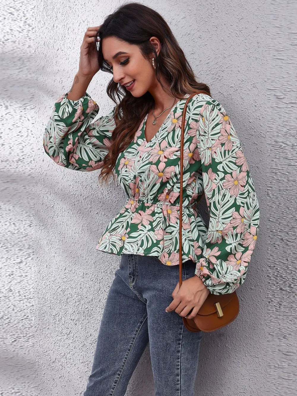Ruched Printed V-Neck Long Sleeve Blouse nicholesgifts