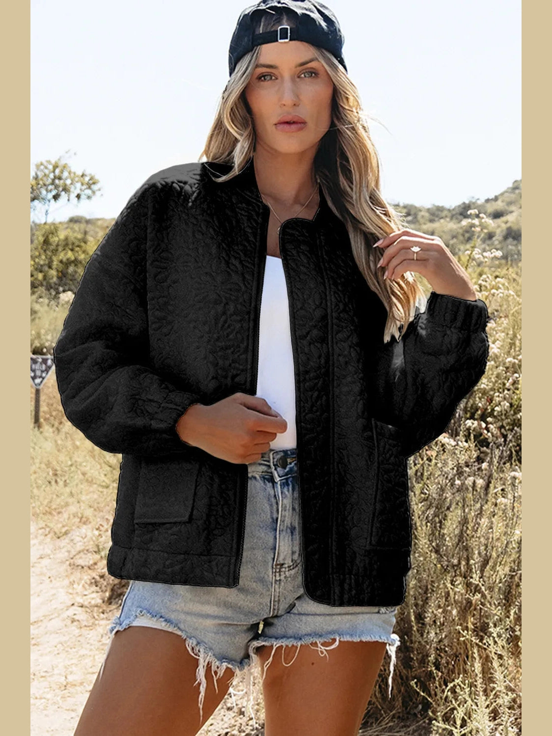 Baseball Collar Floral Quilted Jacket