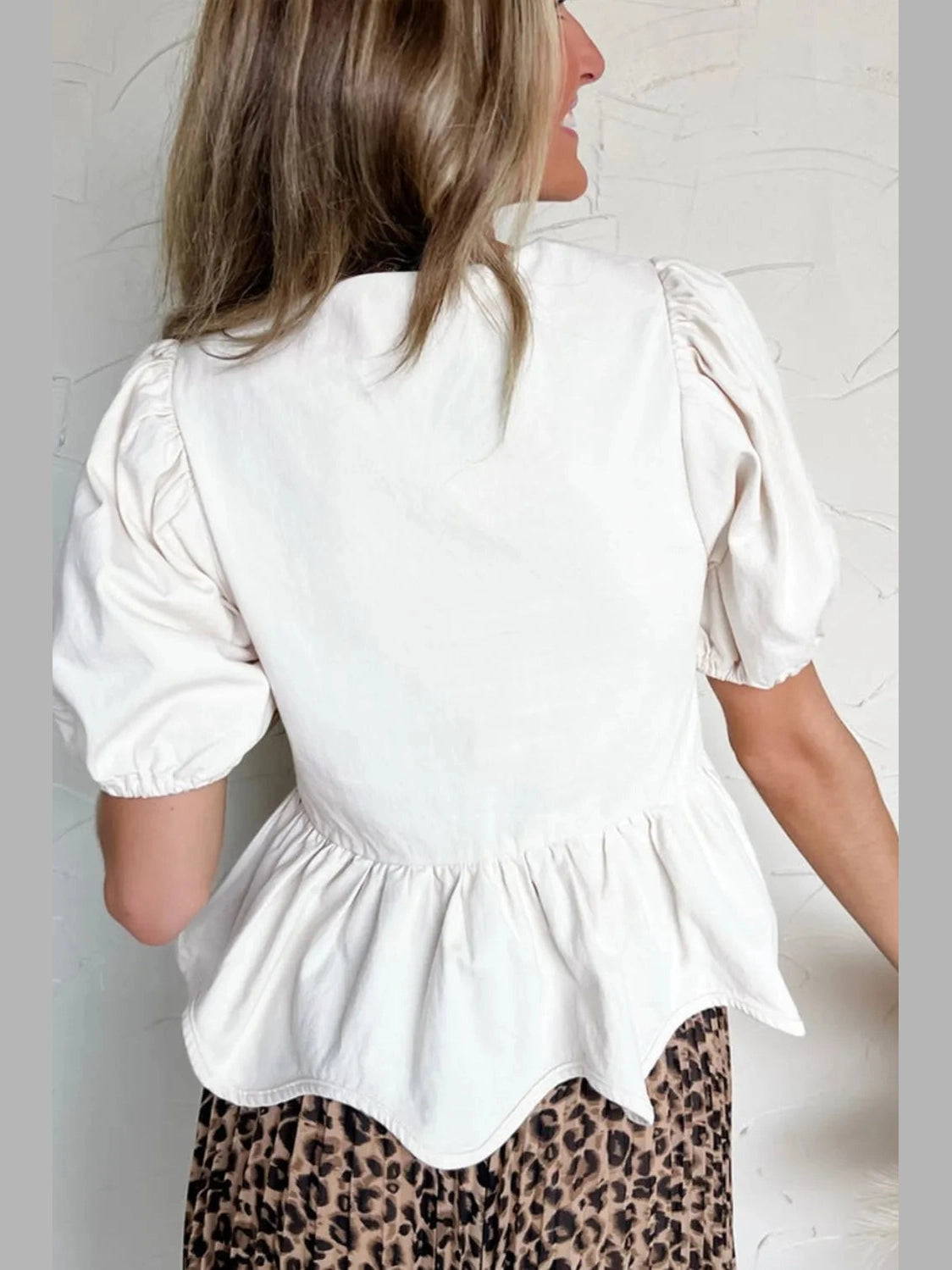 Bow Knot Decor Square Neck Puff Sleeve Peplum Top NicholesGifts