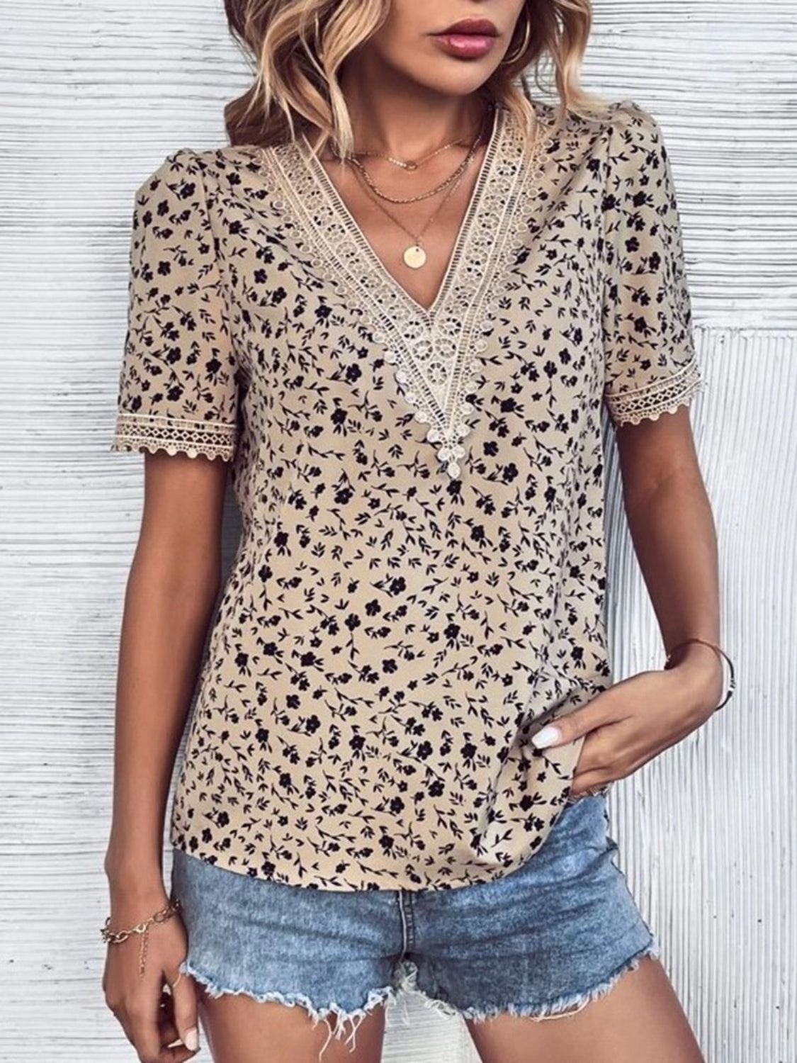 Women Full Size Printed V-Neck Short Sleeve Blouse nicholesgifts