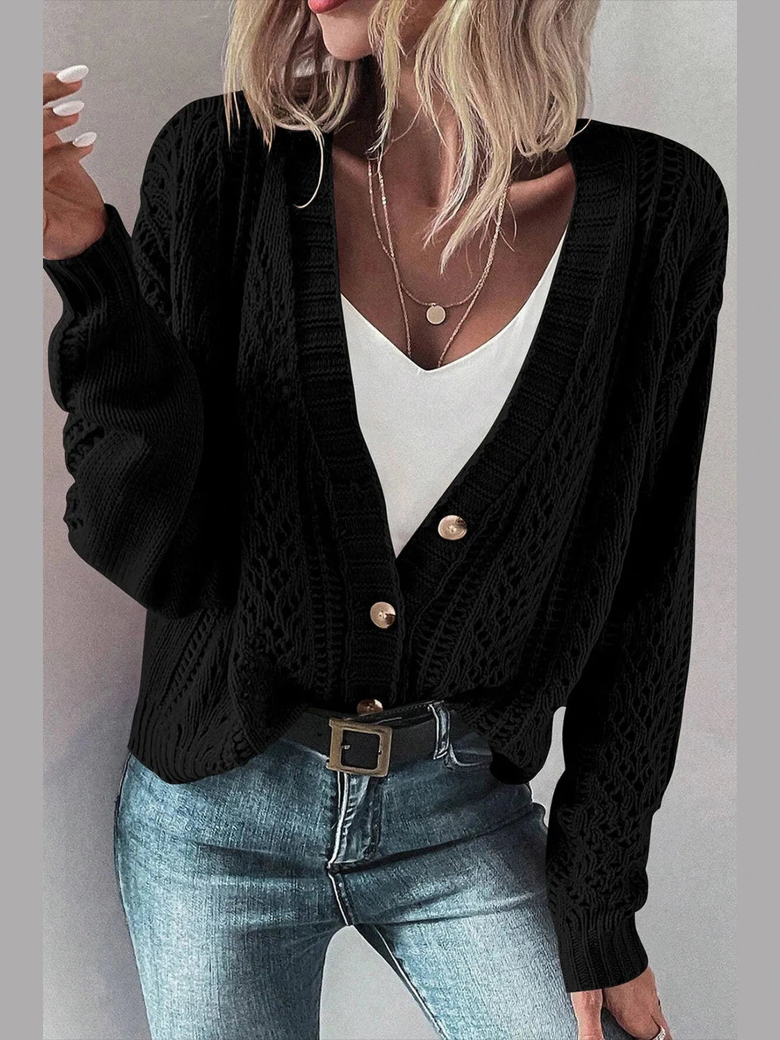 Openwork Button Up Long Sleeve Cardigan NicholesGifts