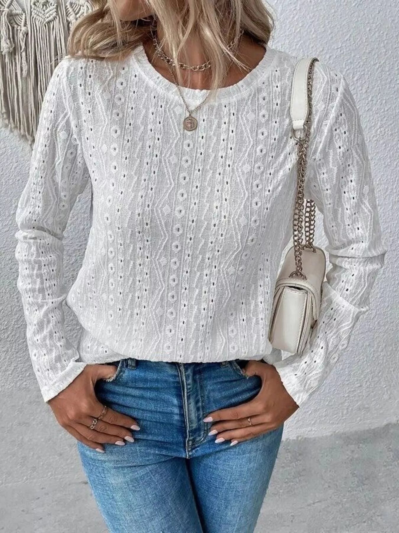 Full Size Eyelet Round Neck Long Sleeve Blouse Plus Size Trendsi