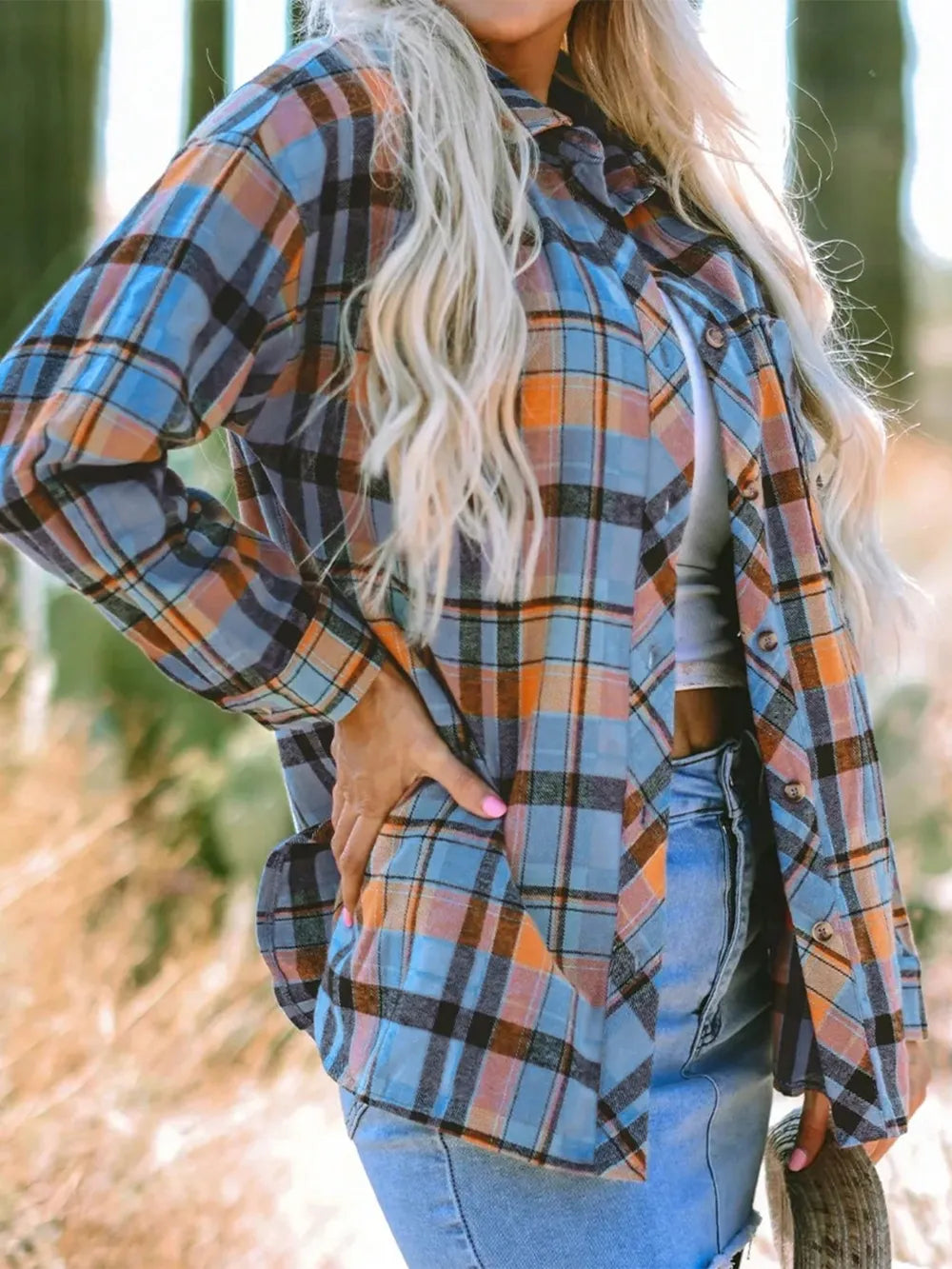 Plaid Collared Neck Long Sleeve Shirt Trendsi