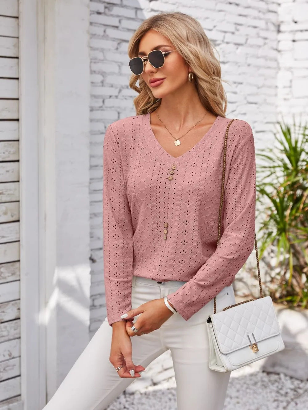 Decorative Button Openwork V-Neck T-Shirt