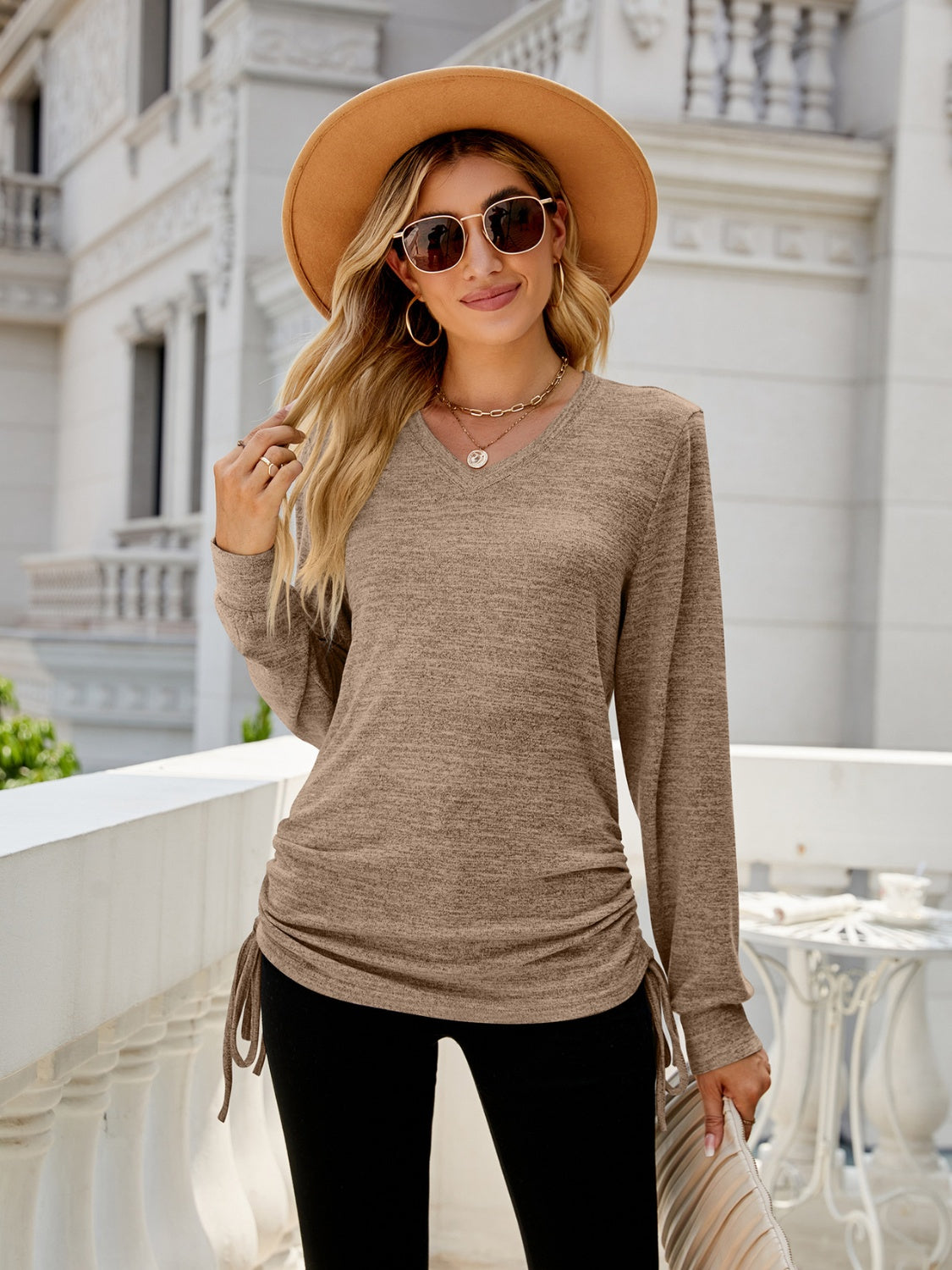 Women Drawstring V-Neck Long Sleeve T-Shirt nicholesgifts