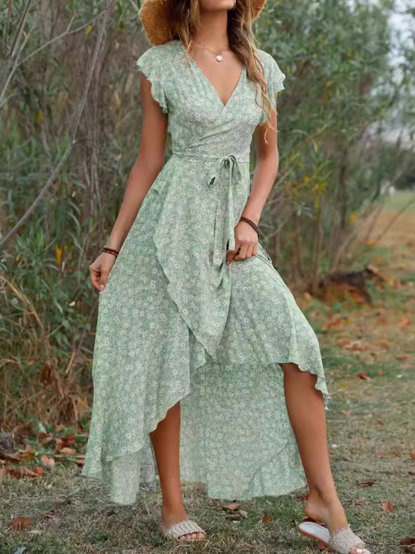 Printed Surplice Ruffle Sleeve Dress NicholesGifts