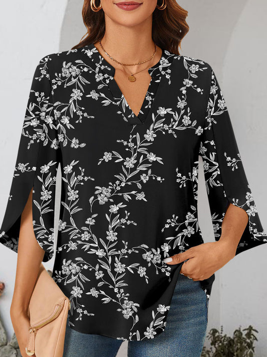 Notched Slit Half Sleeve Blouse nicholesgifts