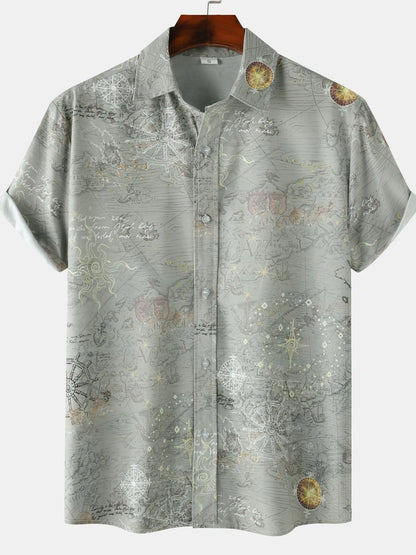 Men's Vintage Map Print Short Sleeve Button Down Shirt nicholesgifts