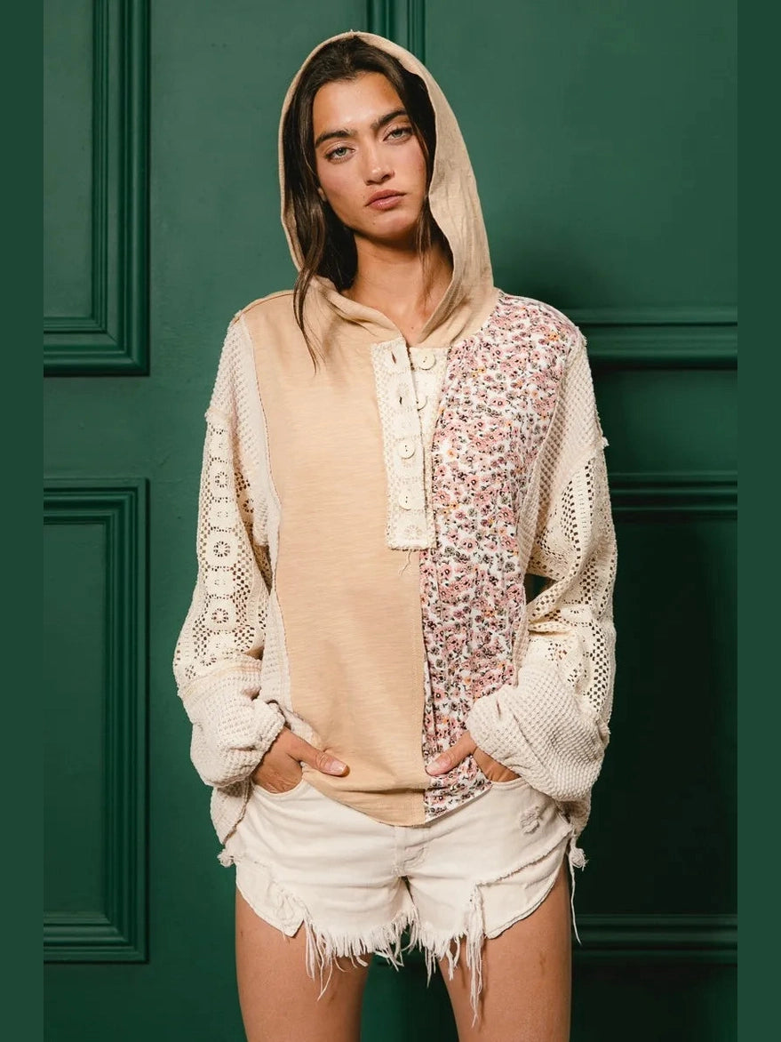 BiBi Slub Jersey with Lace Combo Buttoned Hoodie Top