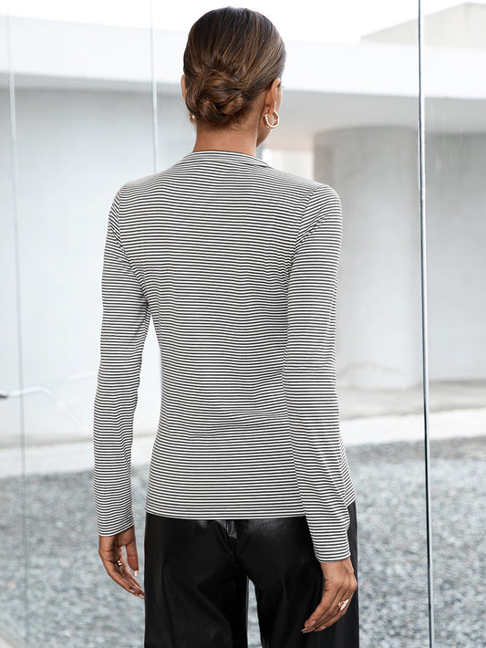 Ivy Lane Striped Buttoned V-Neck Long Sleeve Top nicholesgifts
