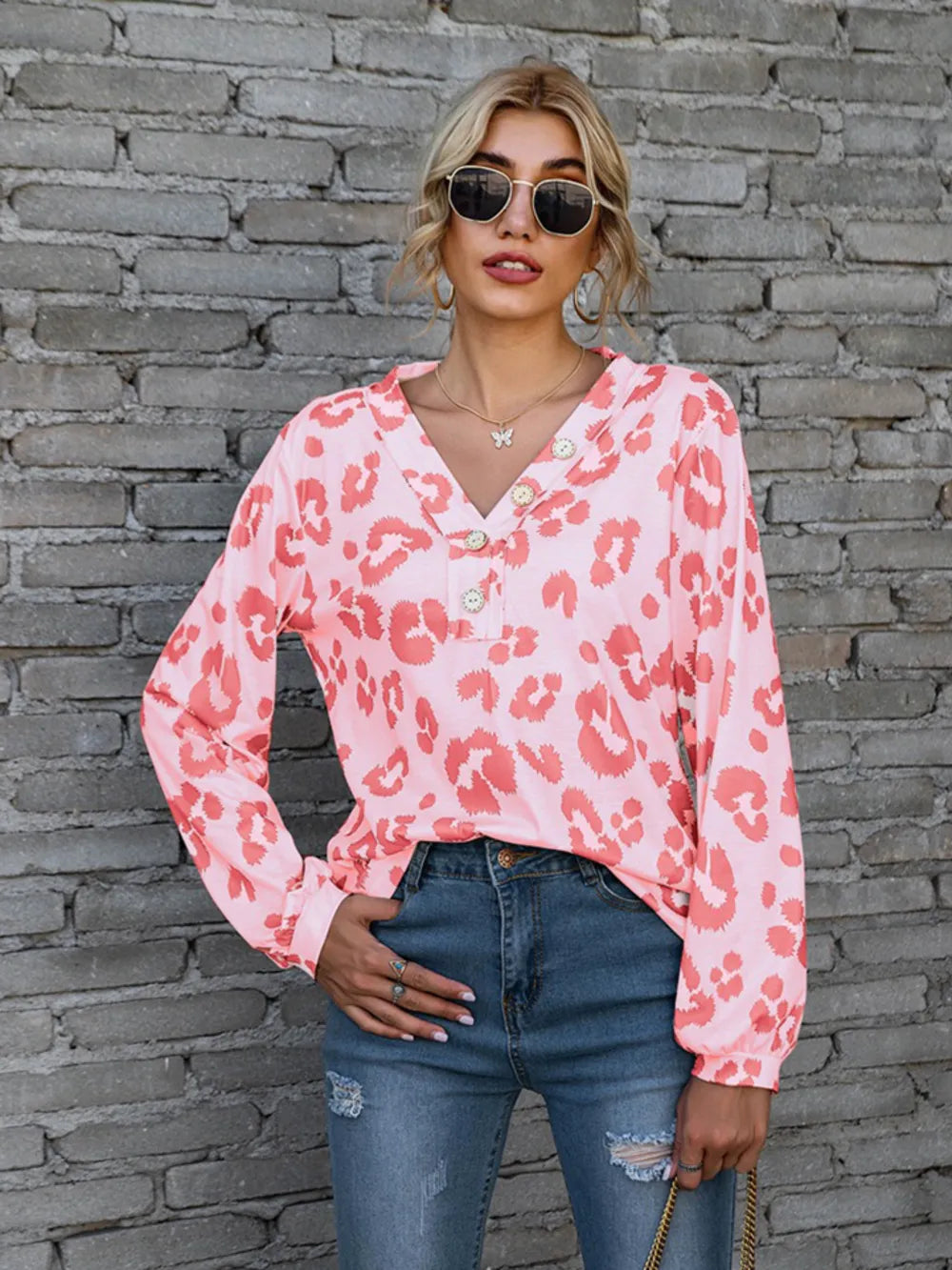 Leopard V-Neck Decorative Button Long Sleeve Blouse NicholesGifts