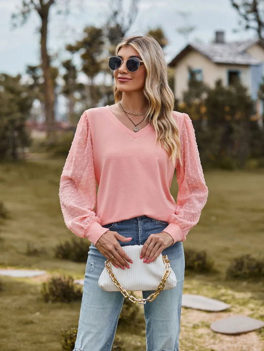 Swiss Dot V-Neck Long Sleeve Blouse NicholesGifts