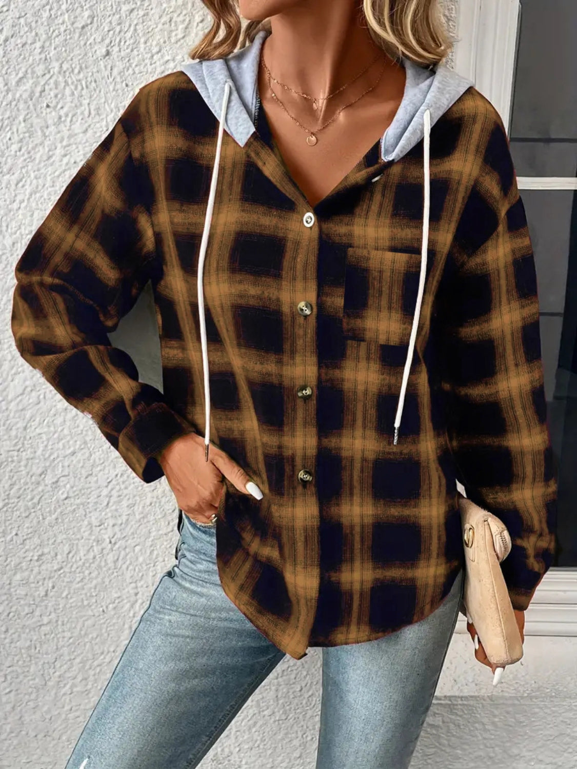 Plaid Drawstring Button Up Hooded Jacket nicholesgifts