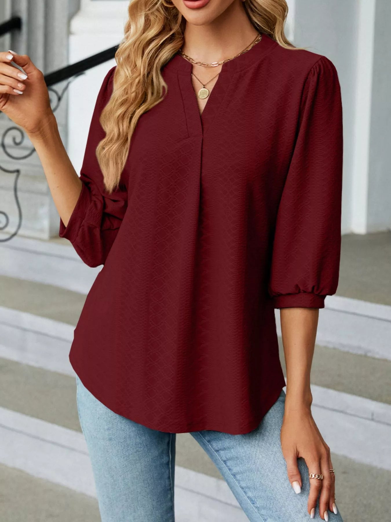 Notched 3/4 Sleeve Casual Top Trendsi
