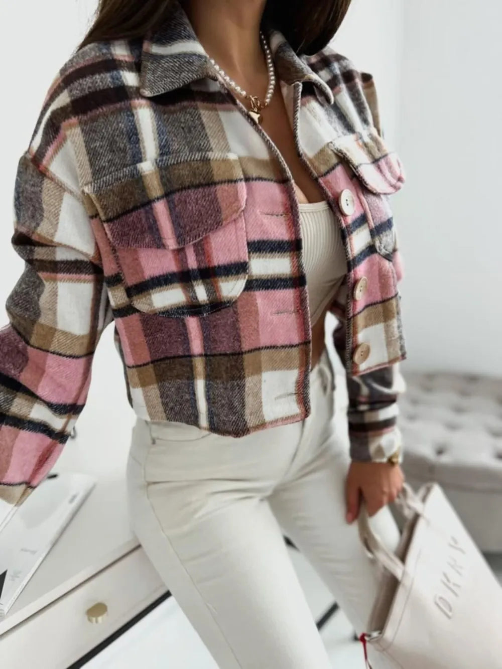 Pocketed Collared Neck Long Sleeve Plaid Jacket Trendsi