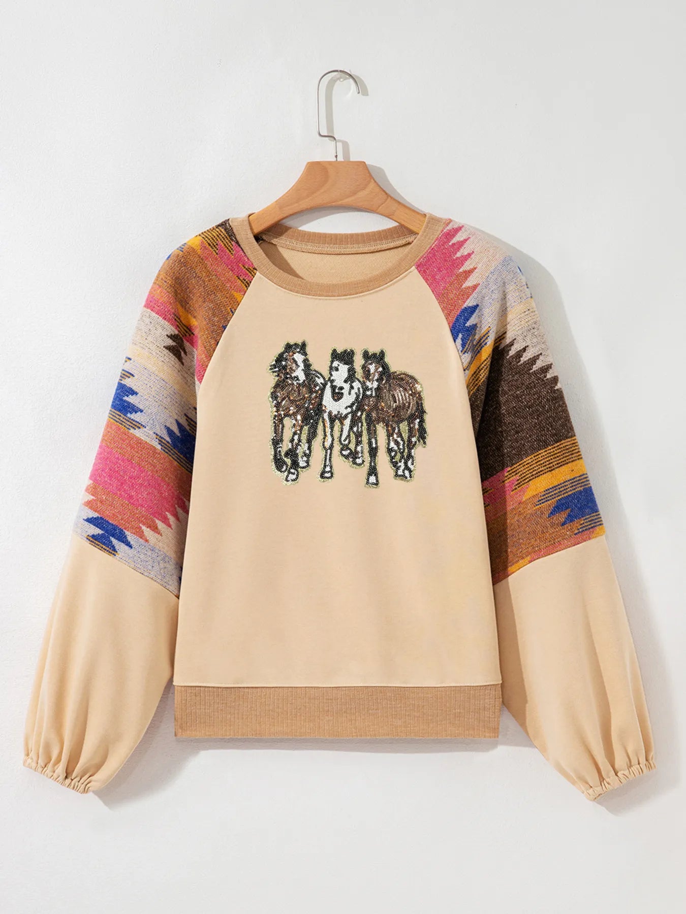 Sequined Western Horses Bubble Sleeve Sweatshirt NicholesGifts