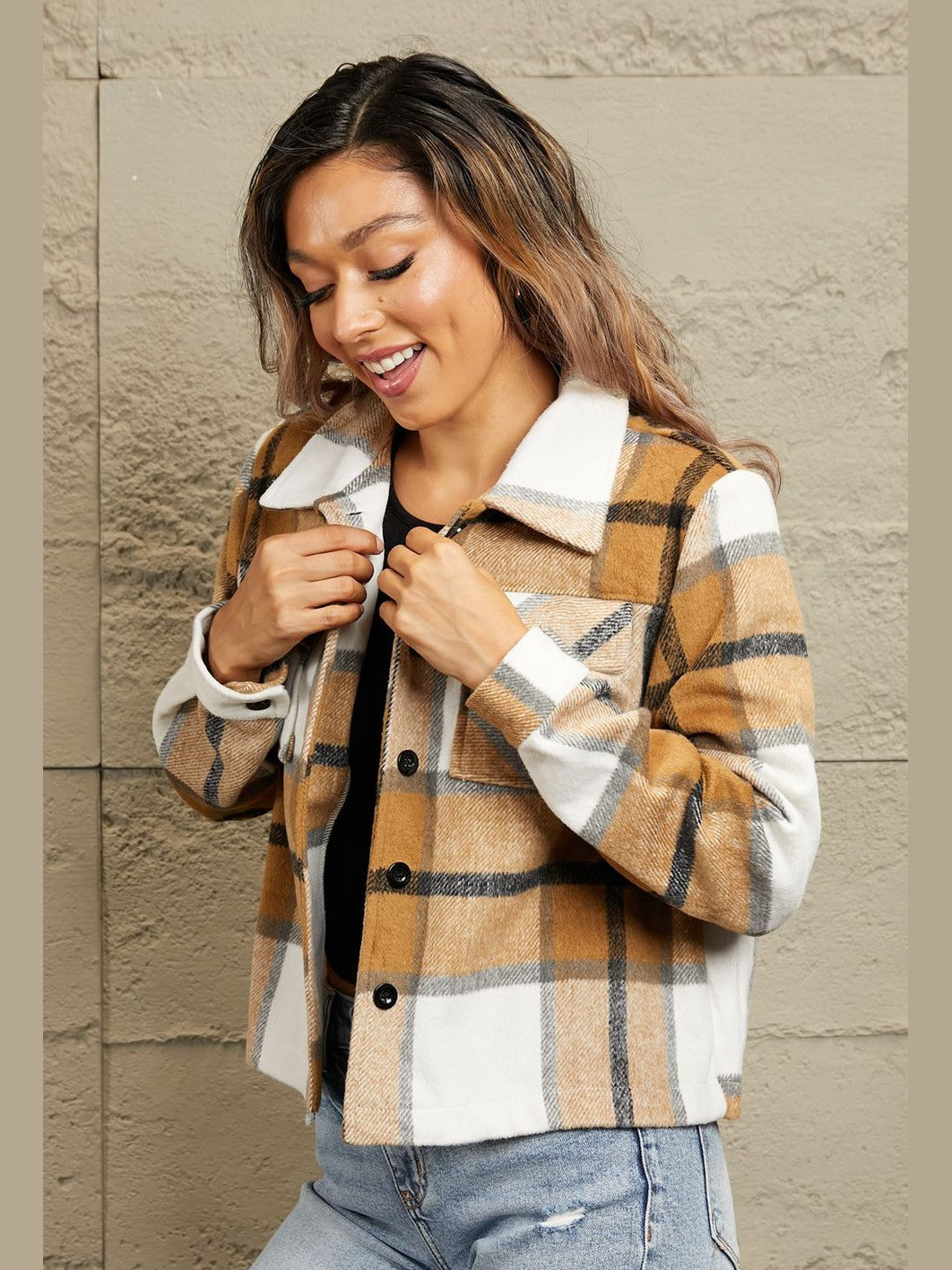 Plaid Collared Neck Jacket with Breast Pockets nicholesgifts